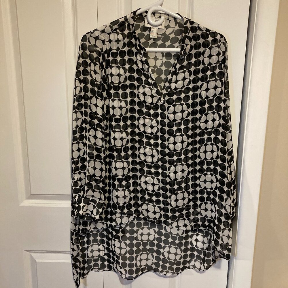 #144 Joseph Ribkoff Polka Dot High Low Long Sleeve Blouse,  Black/White, Size 10